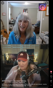 screen capture of podcast showing author Nicolle Goldman in a split-screen with Storm Chaser Lori Grace Bailey
